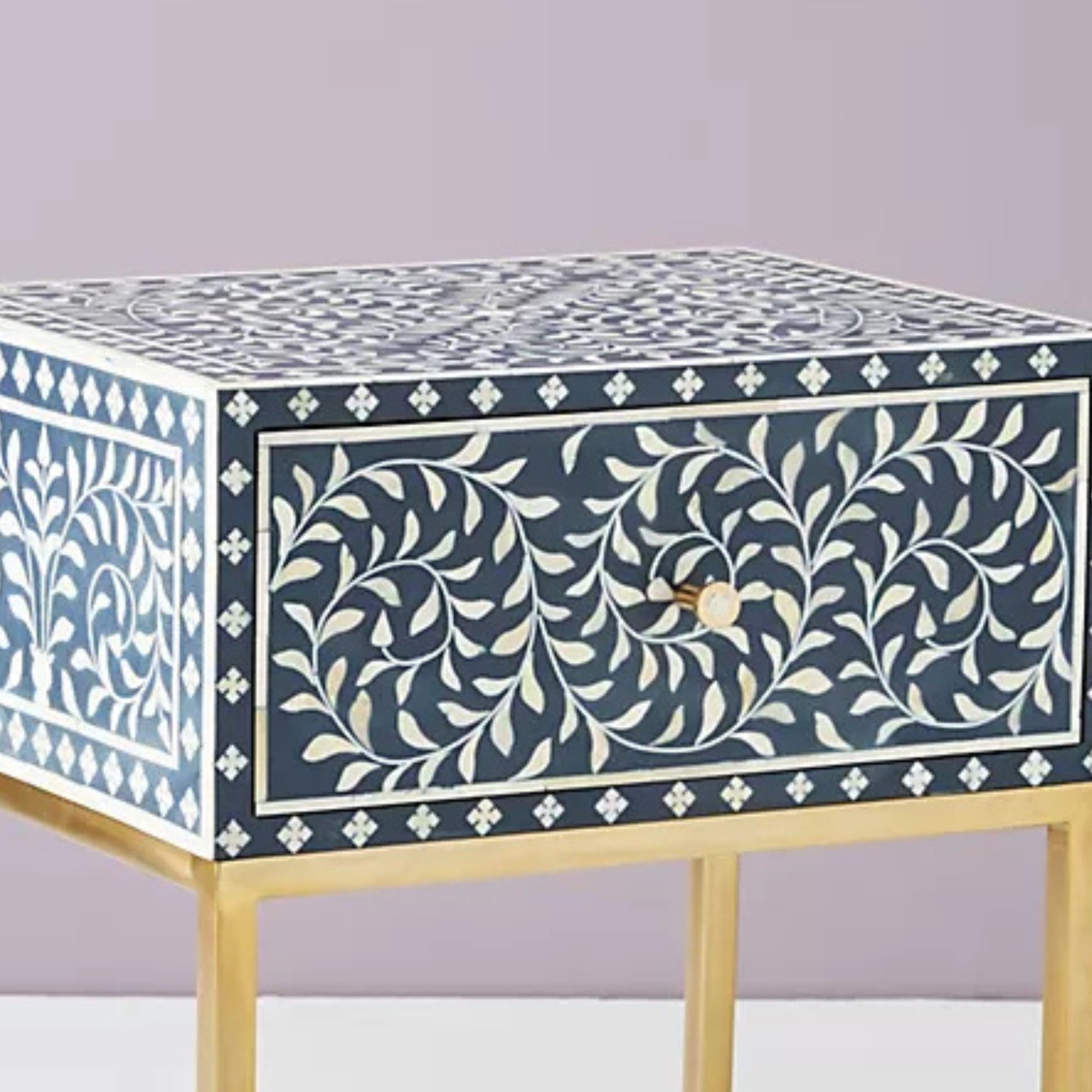 Bone Inlay 1 Drawer Bedside (with Metal Legs) : Liana : Navy Blue