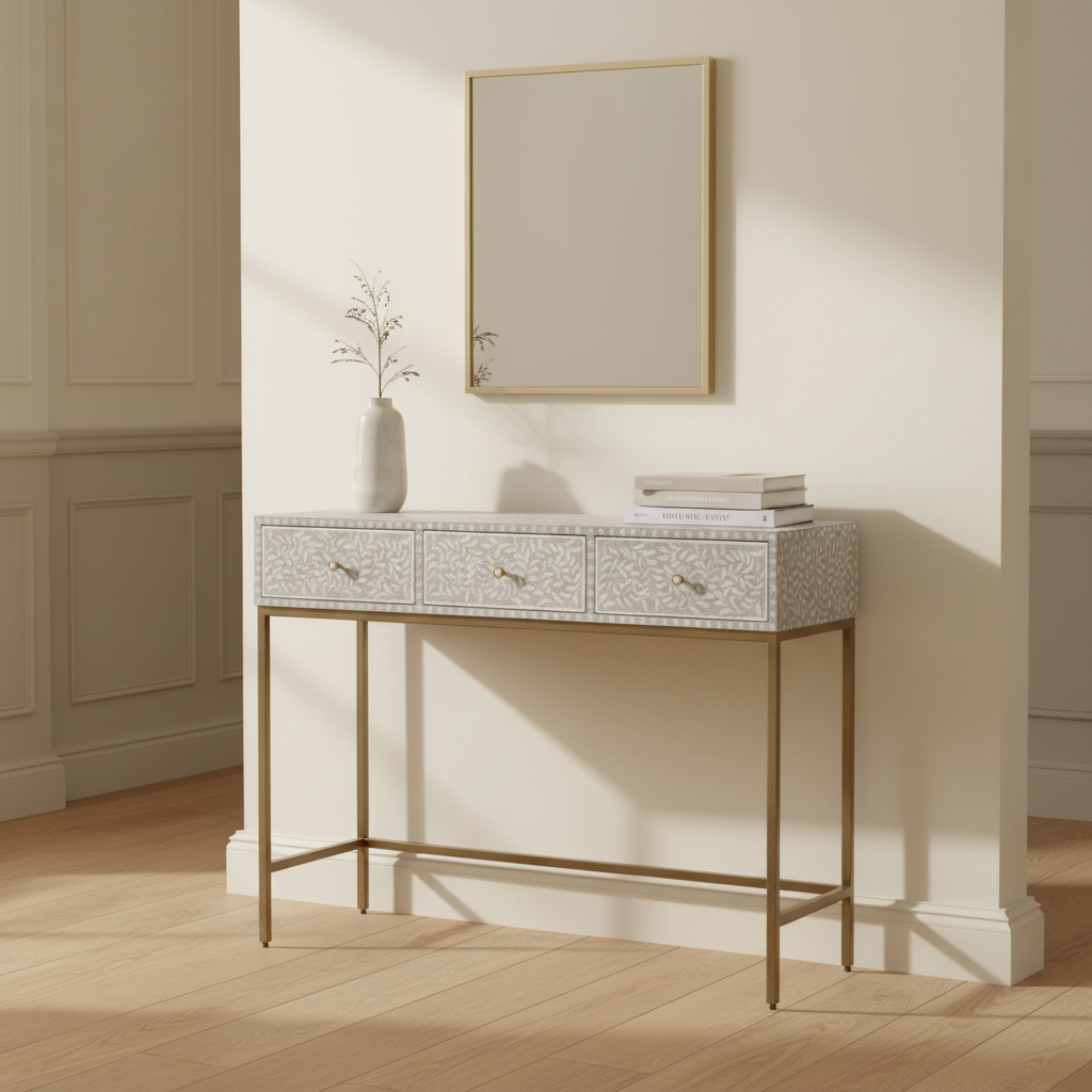 Bone Inlay Console with Brass Look Legs : Liana : Grey