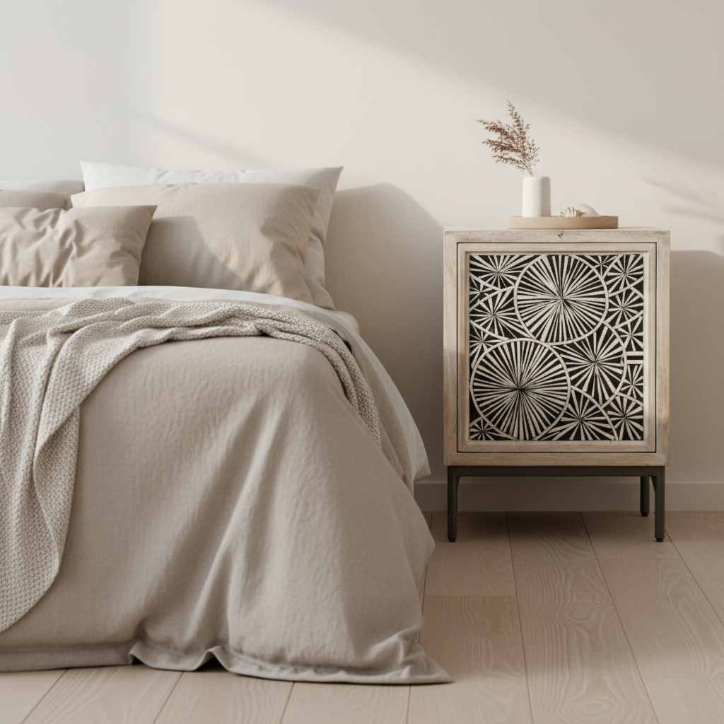 Bedside Cabinet with Bone Inlay Insert : Pond Lily : Whitewash