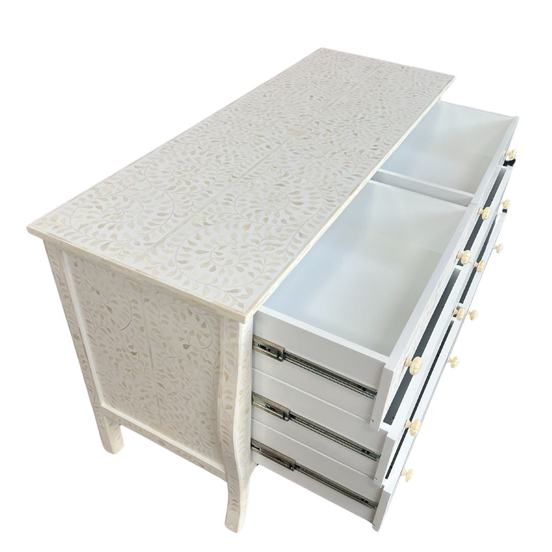 Bone Inlay French 6 Drawer Chest : Floral : White