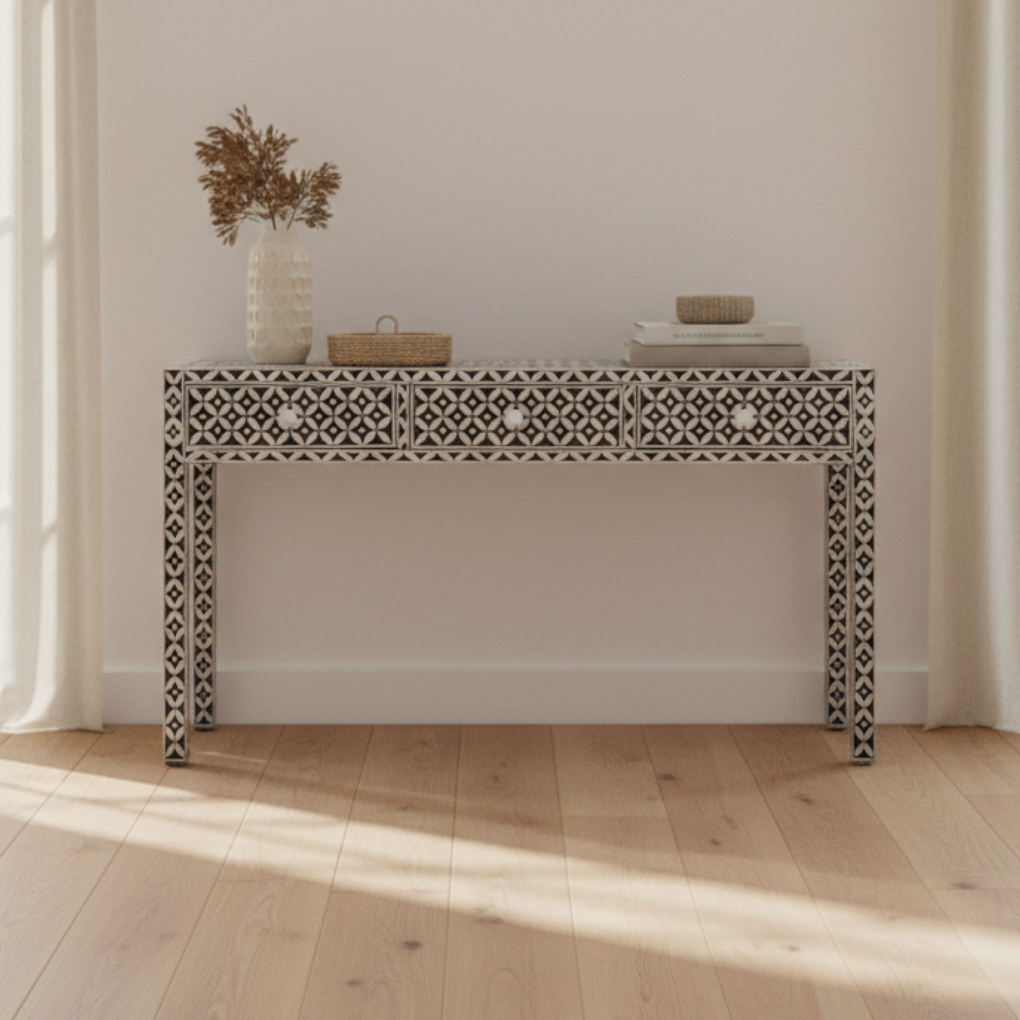 Decorative console table with a geometric pattern in a minimalistic room.