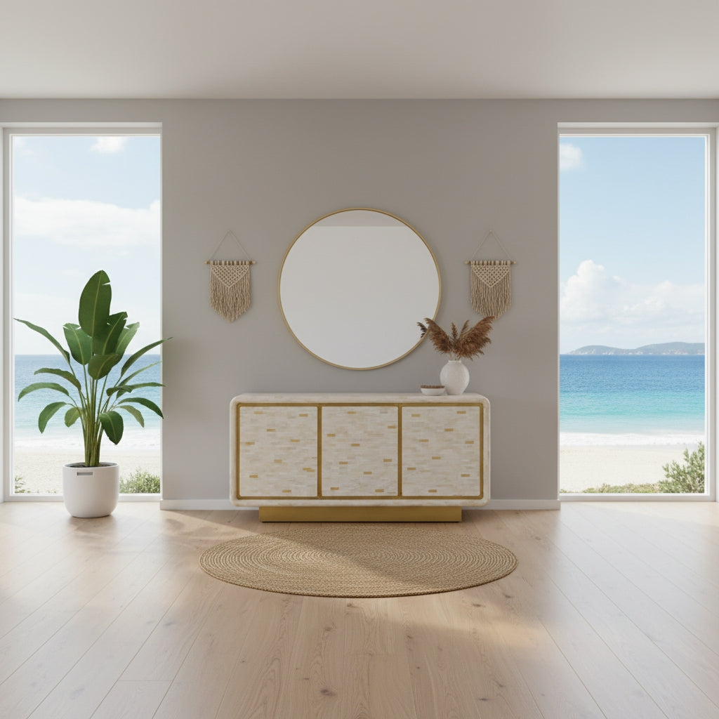 Bone Inlay 3 Door Buffet : Brickwork with Brass Accent : White