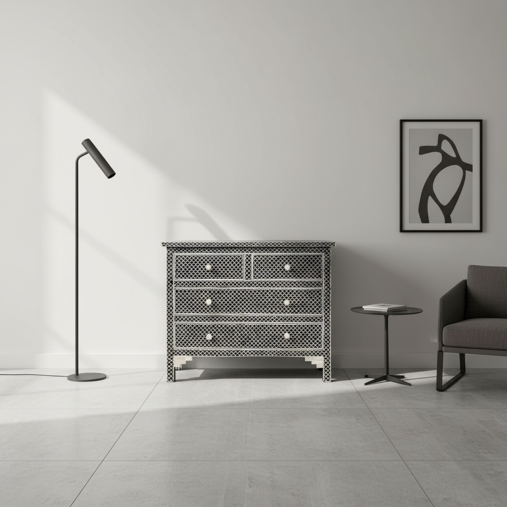 Bone Inlay 4 Drawer Chest : Scallop : Black