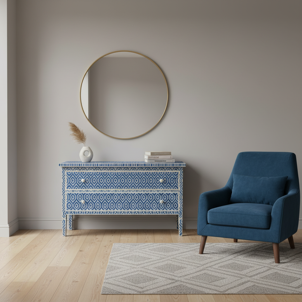 Bone Inlay 2 Drawer : Kilim : Blue