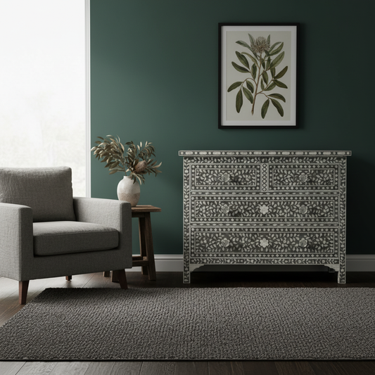 Mother of Pearl Inlay 4 Drawer Chest : Floral : Grey