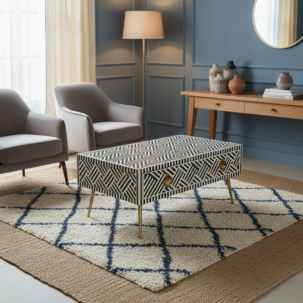 Bone Inlay Rectangular Coffee Table : Cross Cross : Black