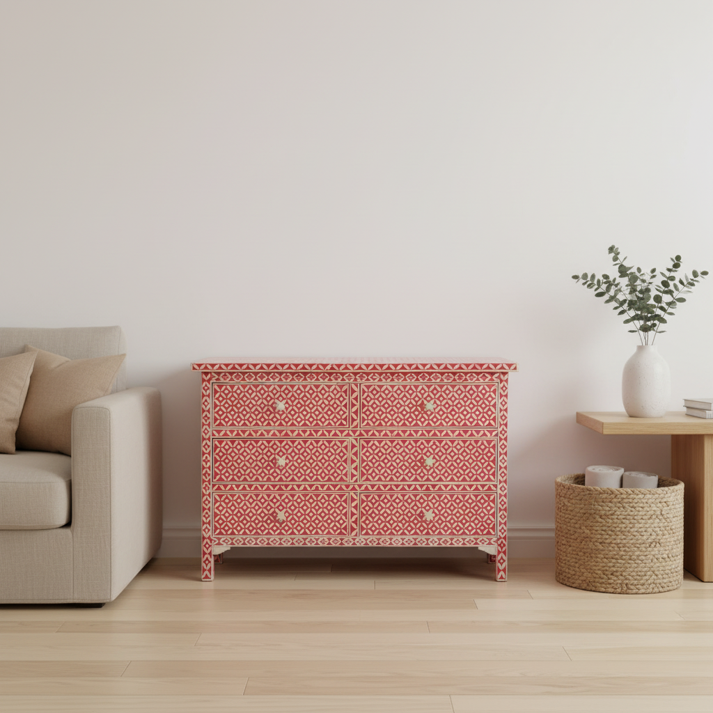 Bone Inlay 6 Drawer Chest : Starburst : Red