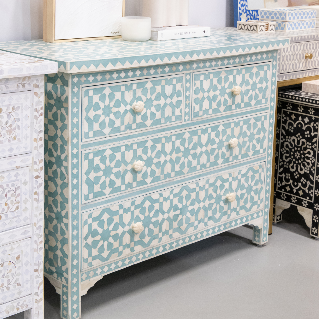 Bone Inlay 4 Drawer Chest : Zelliges : Turquoise