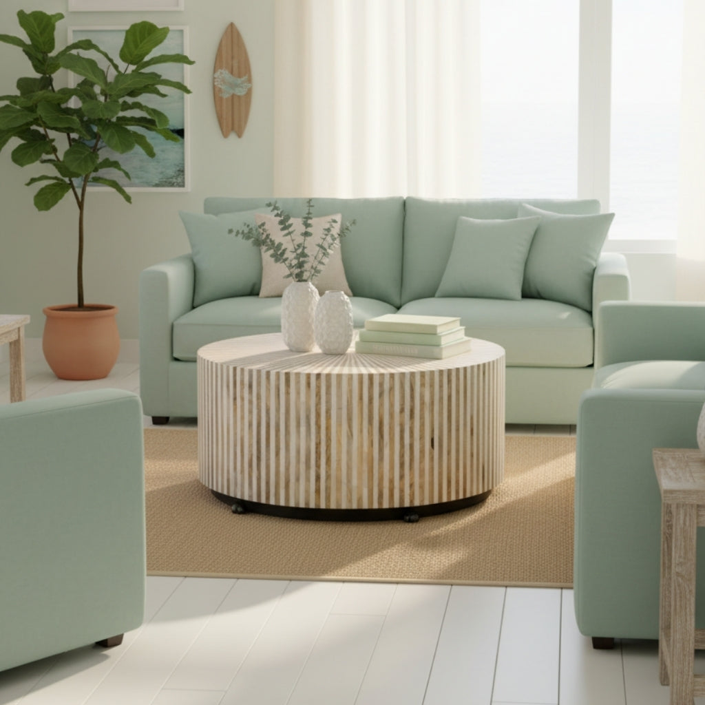 Bone & Timber Inlay Round Coffee Table (with castors)