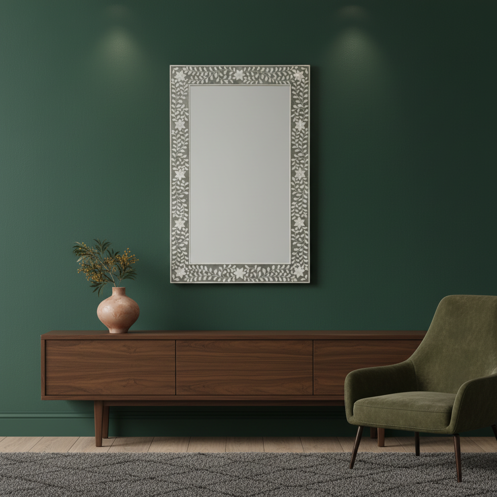 Bone Inlay Rectangular Mirror : Floral : Grey