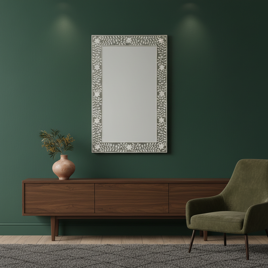 Bone Inlay Rectangular Mirror : Floral : Grey
