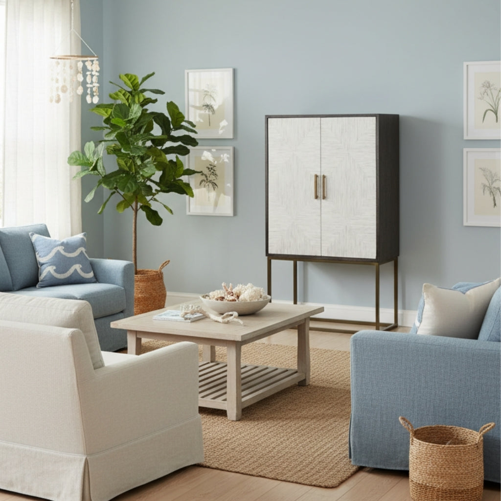 Bone Inlay Drinks Cabinet  wtih Antique Brass Legs : Pinstripe : Charcoal