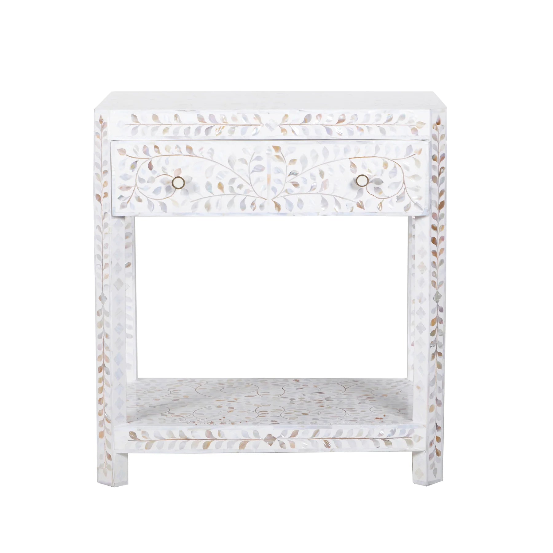 Mother of Pearl Inlay Bedroom Suite : Floral : White (1 Chest & 2 Bedsides)