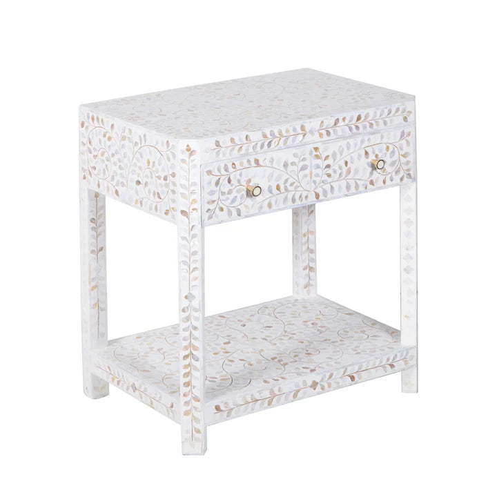 Mother of Pearl Inlay Bedroom Suite : Floral : White (1 Chest & 2 Bedsides)