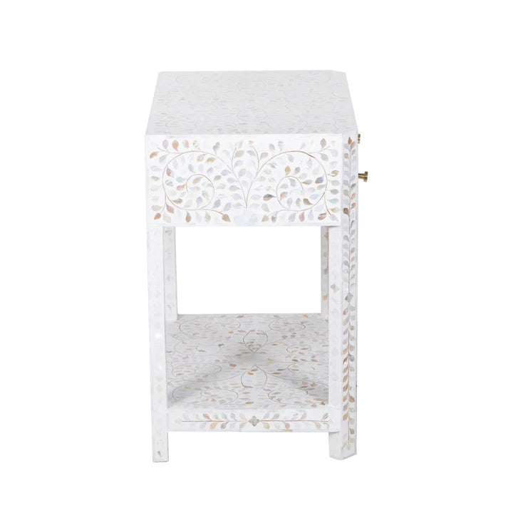Mother of Pearl Inlay Bedside (with Undershelf) : Floral : White