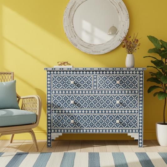 Bone Inlay 4 Drawer Chest : Ogee : Indigo