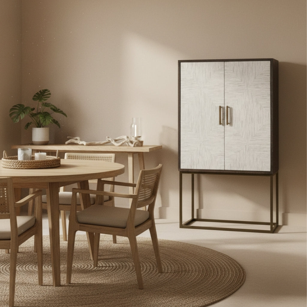 Bone Inlay Drinks Cabinet  wtih Antique Brass Legs : Pinstripe : Charcoal