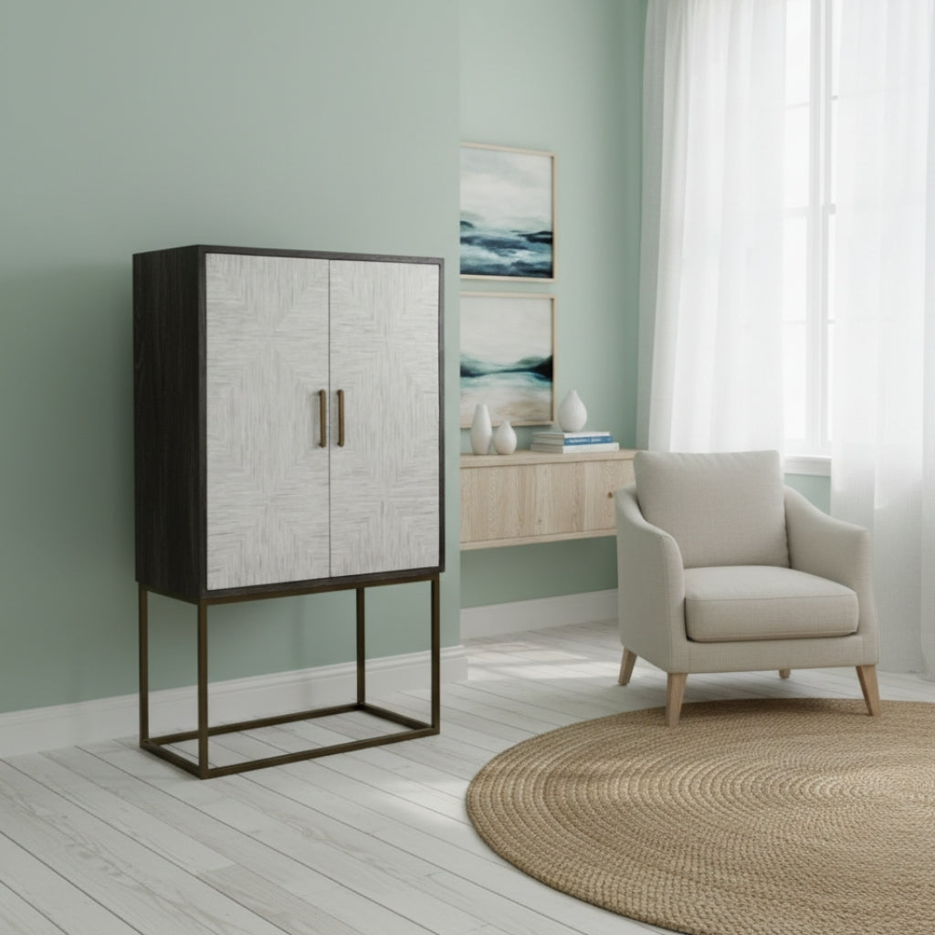 Bone Inlay Drinks Cabinet  wtih Antique Brass Legs : Pinstripe : Charcoal