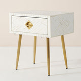 Bone Inlay 1 Drawer Bedside (with Metal Legs) : Criss Cross : White