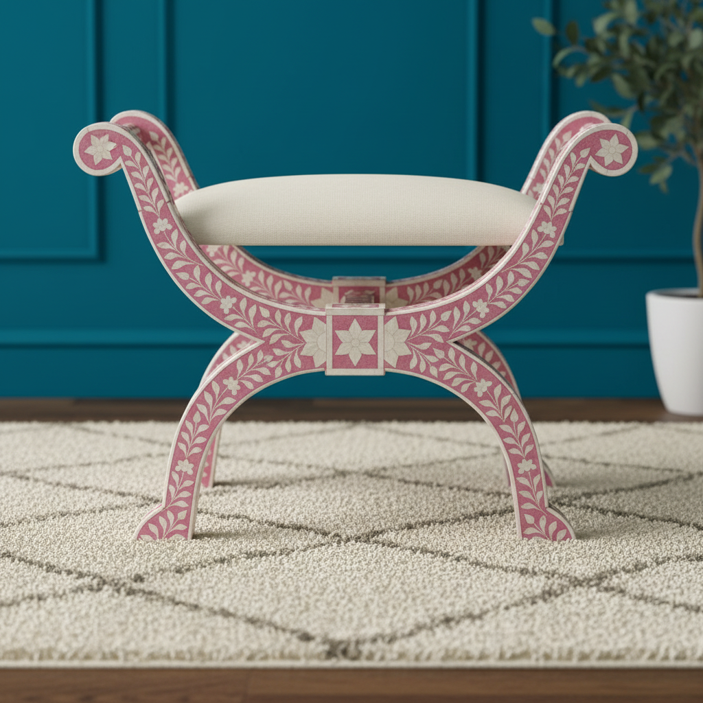 Bone Inlay Isla Stool : Floral : Pink