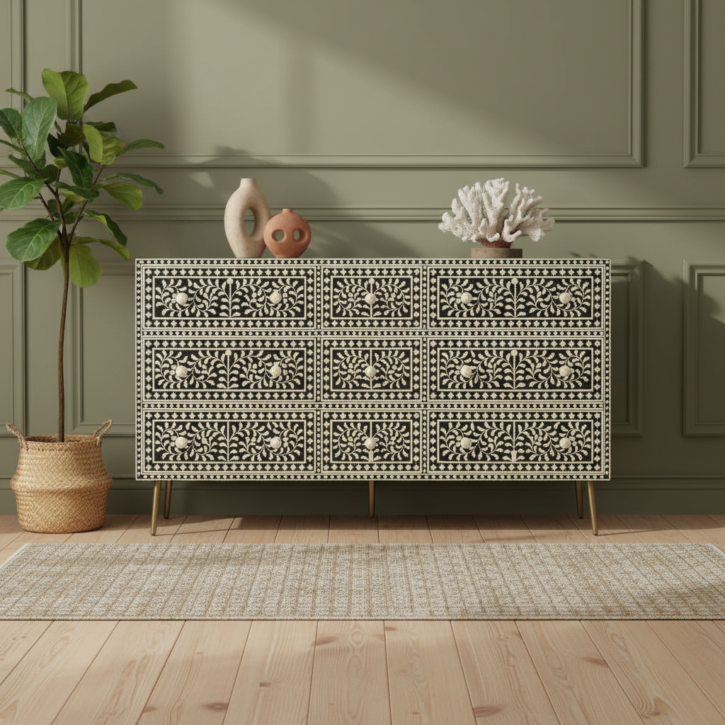 Bone Inlay 9 Drawer Sideboard : Liana : Black