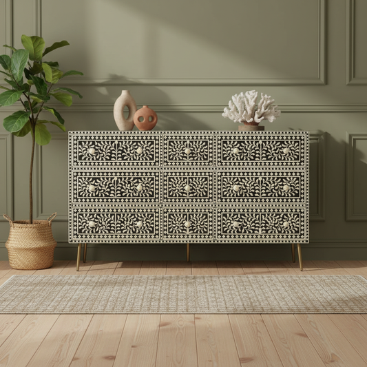 Bone Inlay 9 Drawer Sideboard : Liana : Black