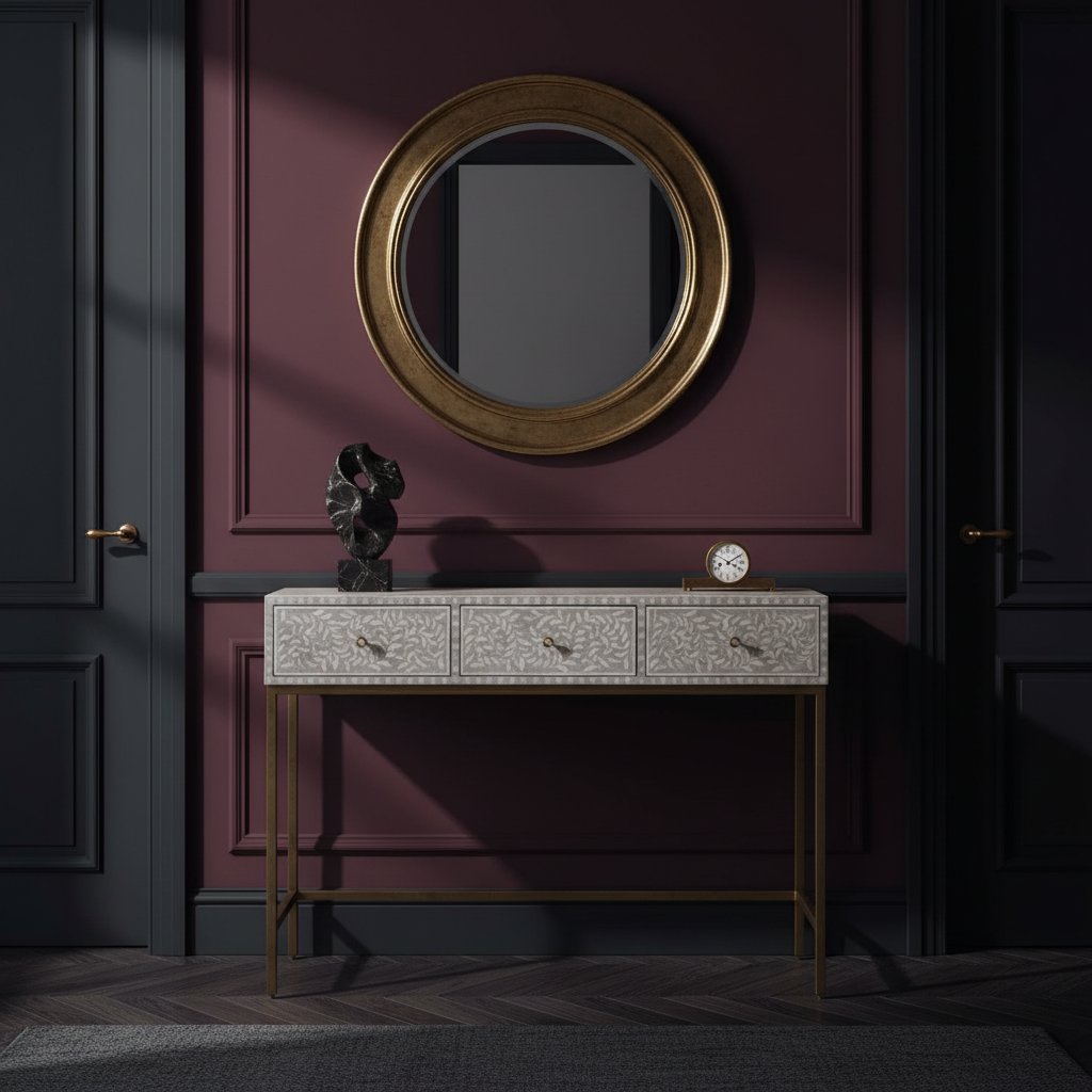 Bone Inlay Console with Brass Look Legs : Liana : Grey