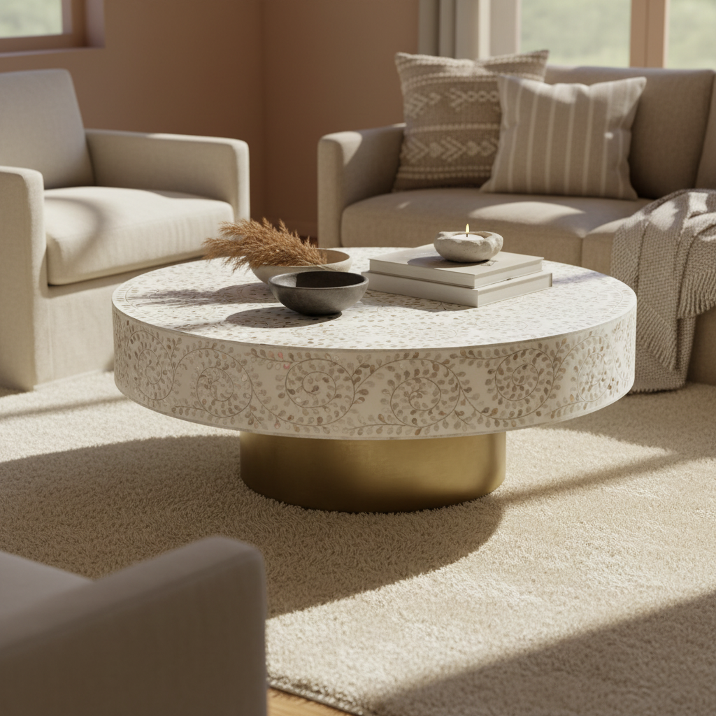 Mother of Pearl Inlay Coffee Table : Floral : White