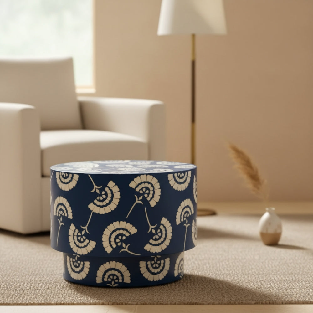 Bone Inlay Round Side Table : Fantail : Navy Blue