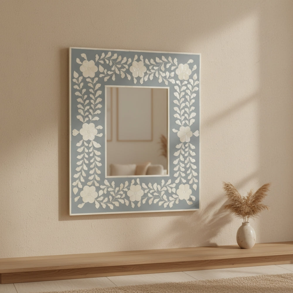 Bone Inlay Square Wall Mirror : Floral : Grey