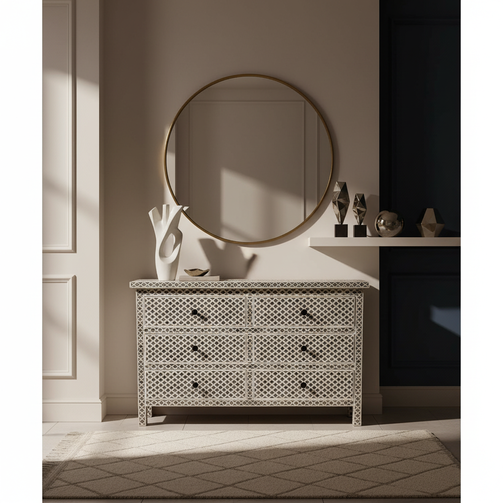 Dyed Bone Inlay 6 Drawer Chest : Moroccan : Grey