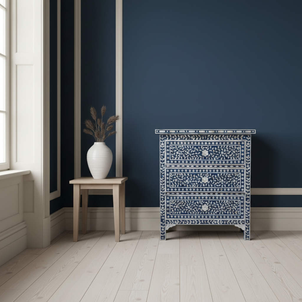 Mother of Pearl Inlay 3 Drawer Chest : Floral : Navy