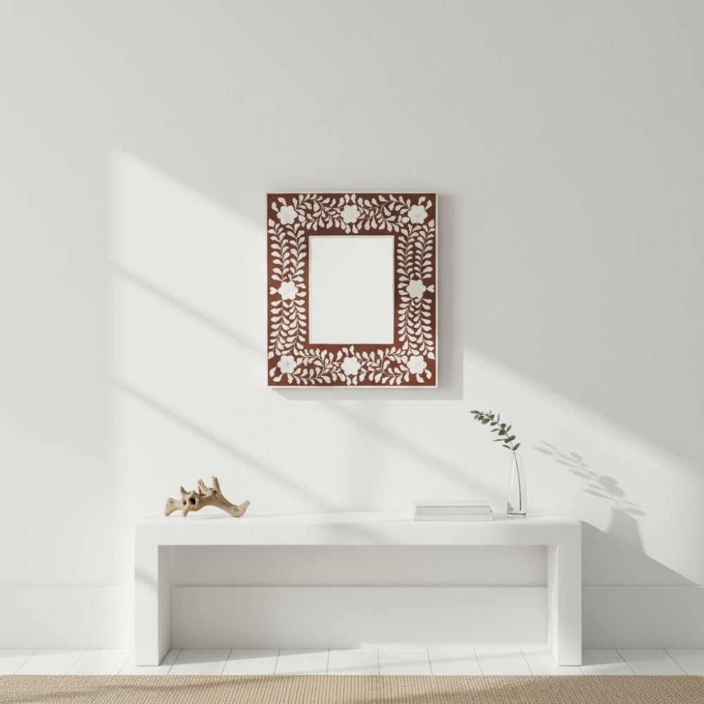 Bone Inlay Square Wall Mirror : Floral : Brown