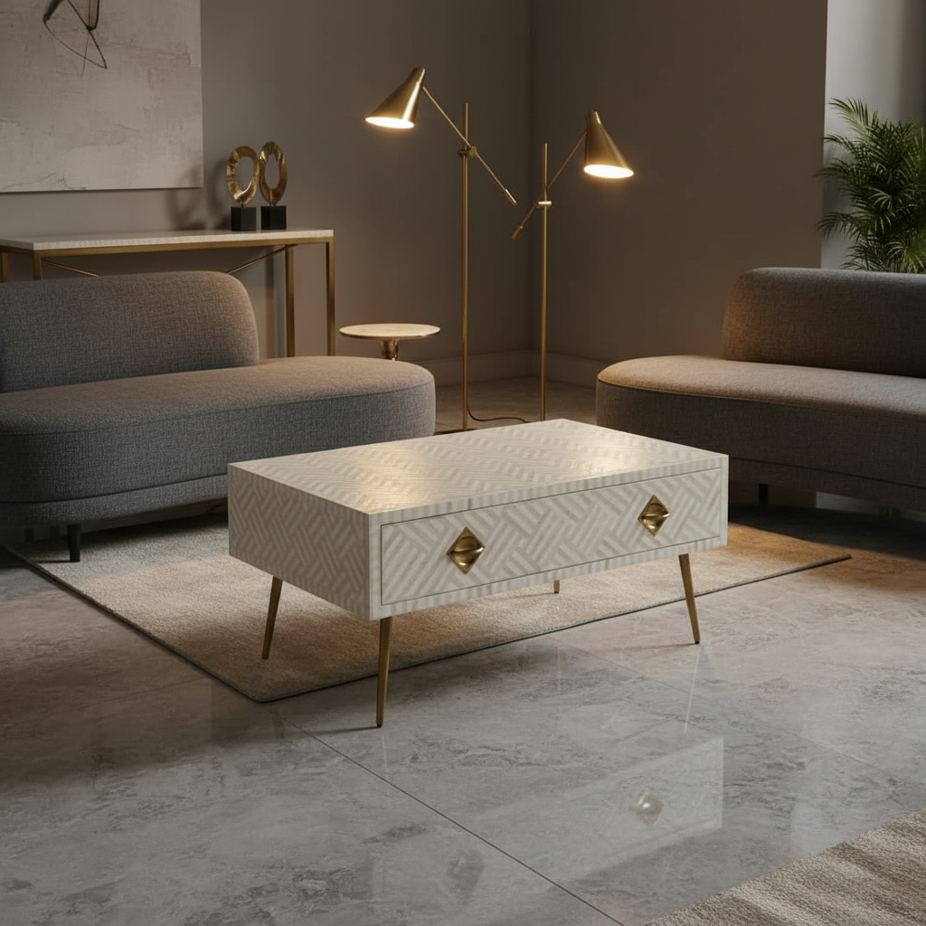 Bone Inlay Rectangular Coffee Table : Cross Cross : White