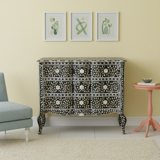 Mother of Pearl Inlay French 3 Drawer Chest : Floral : Black