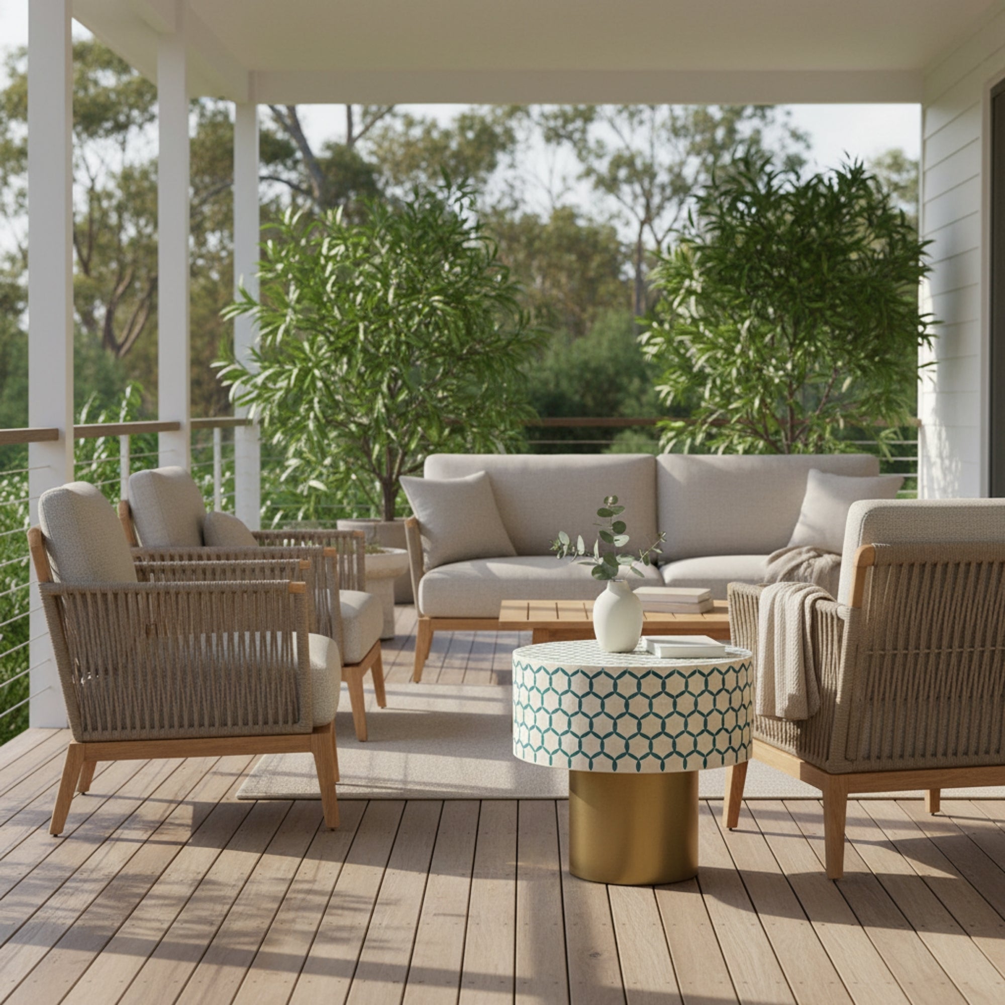 Bone Inlay Accent Table : Tri-Square : Teal