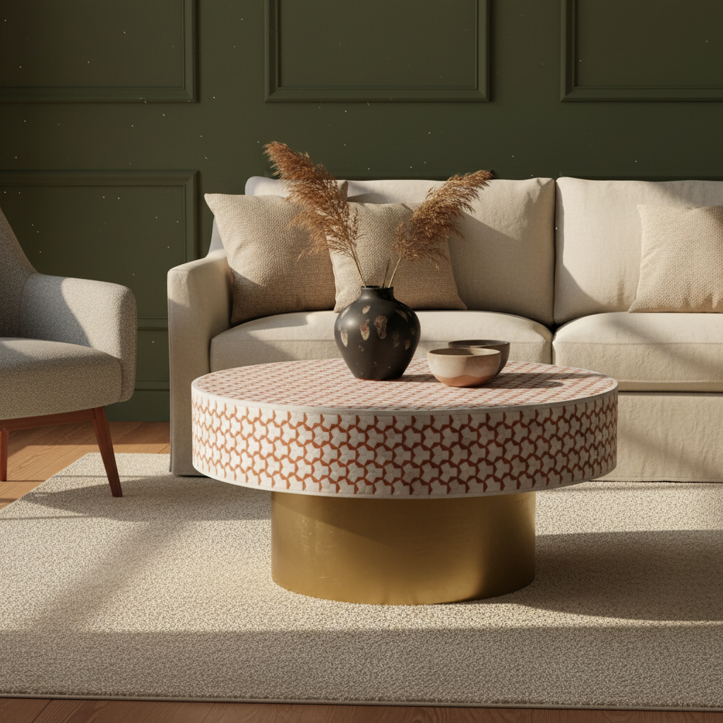 Bone Inlay Round Coffee Table : Tri-Square : Ochre