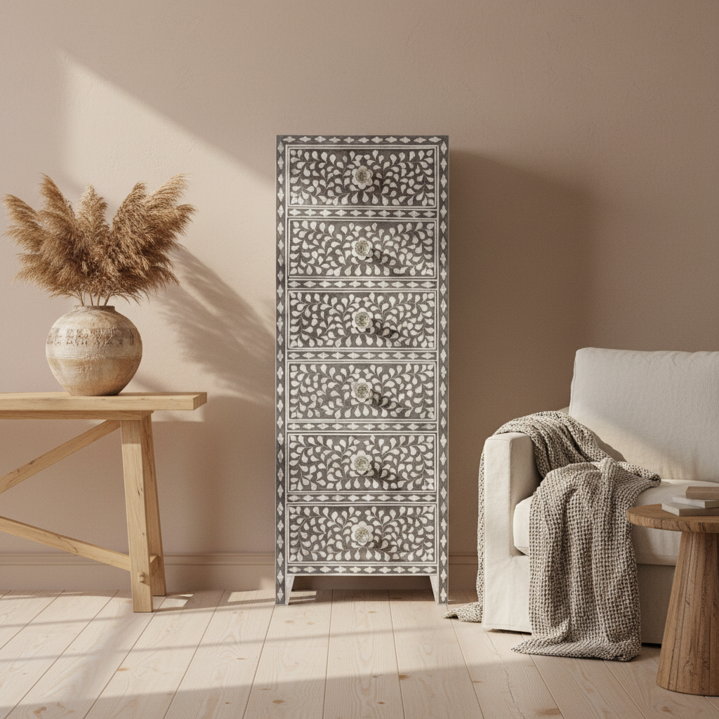 Mother of Pearl Inlay Tallboy : Floral : Grey
