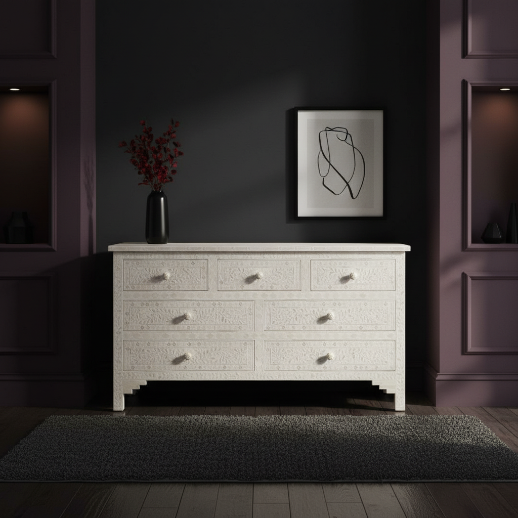 Bone Inlay 7 Drawer Chest : Floral : White