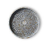 Mother of Pearl Inlay Round Tray : Floral : Grey
