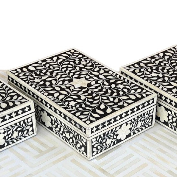 Bone Inlay Large Box : Floral : Black