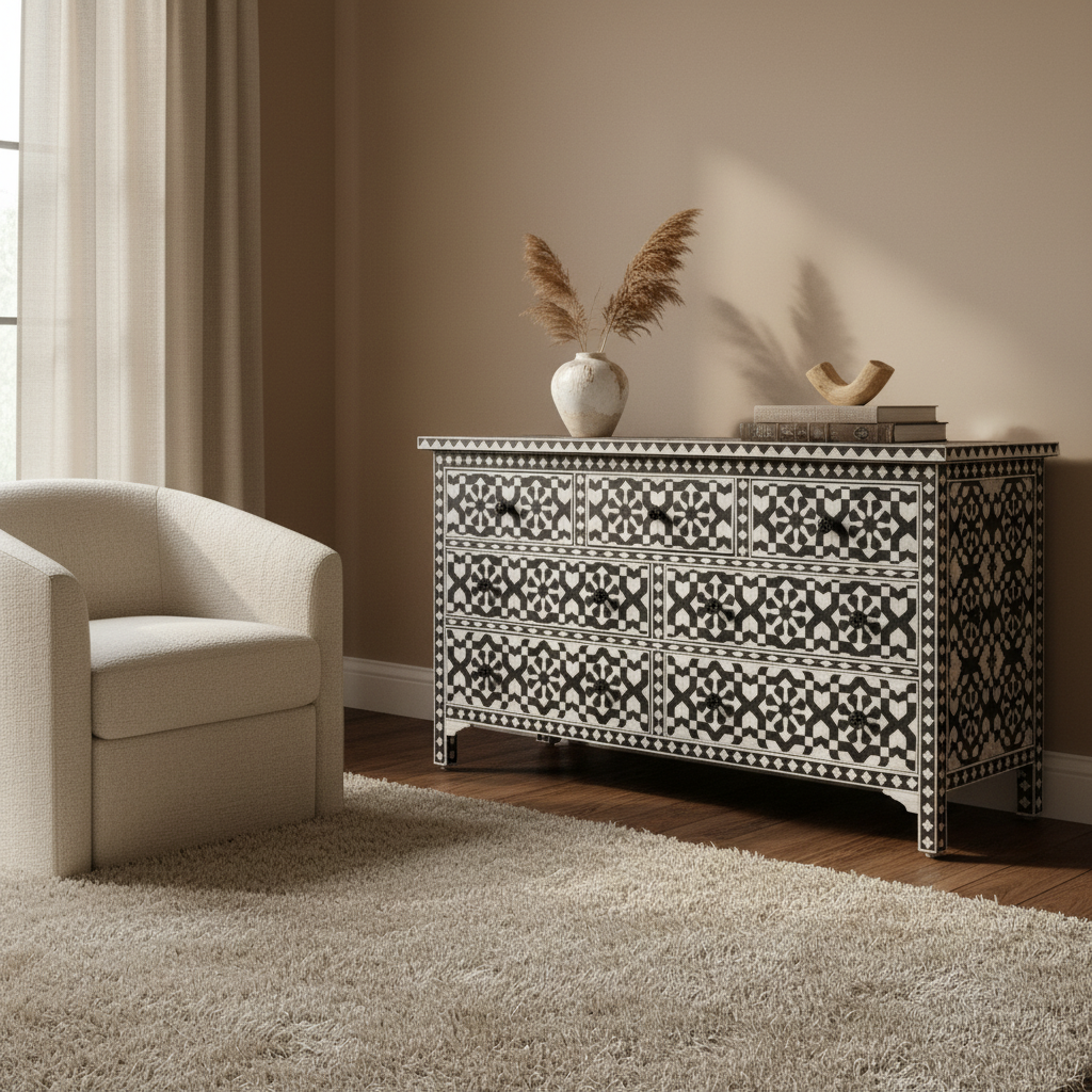 Bone Inlay 7 Drawer Chest : Zelliges : Black