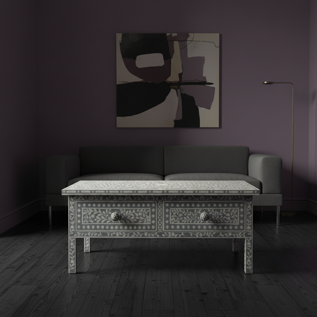 Bone Inlay Rectangular Coffee Table : Floral : Grey