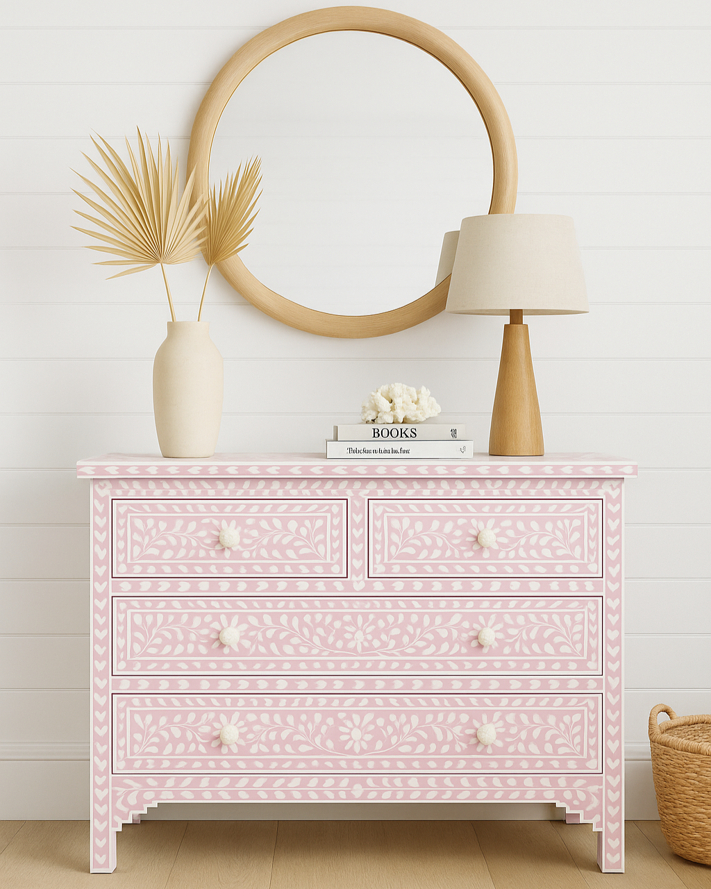 Bone Inlay 4 Drawer Chest : Floral : Soft Pink