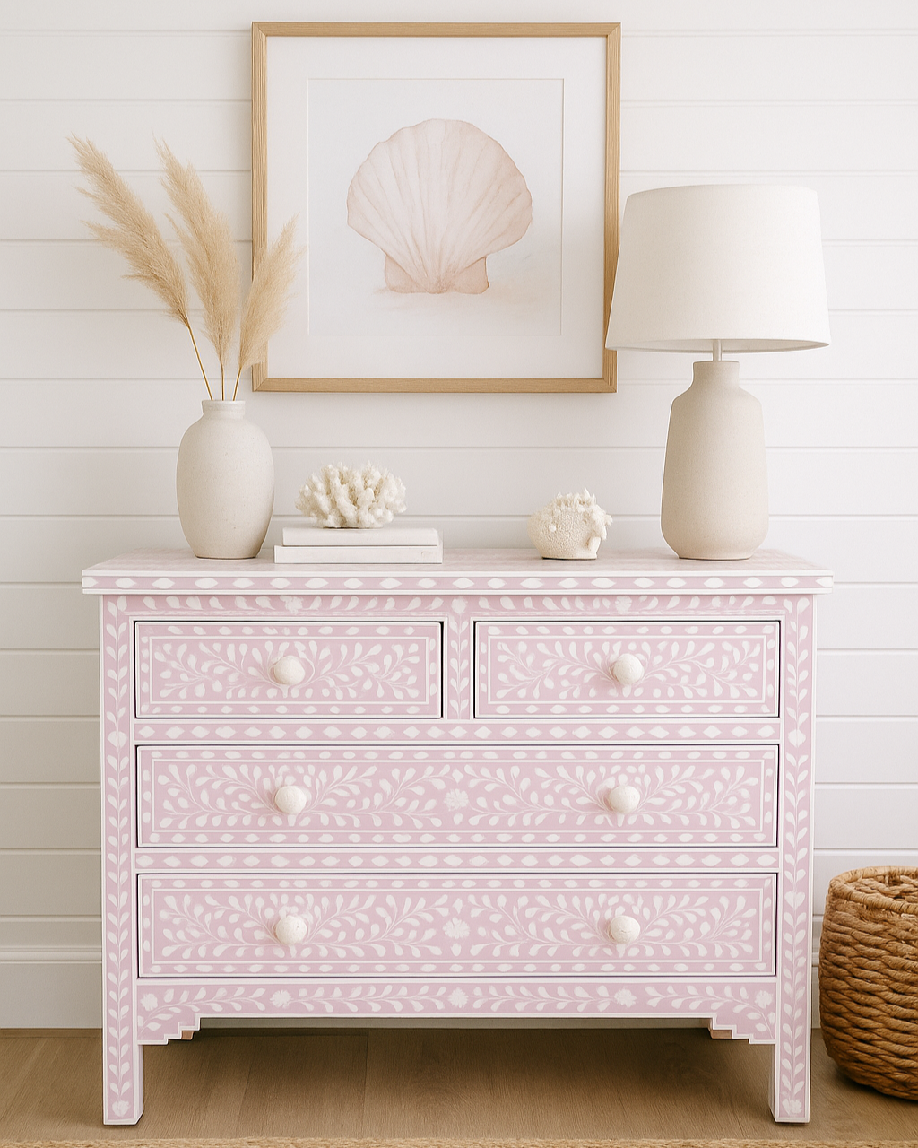 pink bone inlay dresser Pink & White Bone Inlay Two Drawer Side Table With Floral Pulls