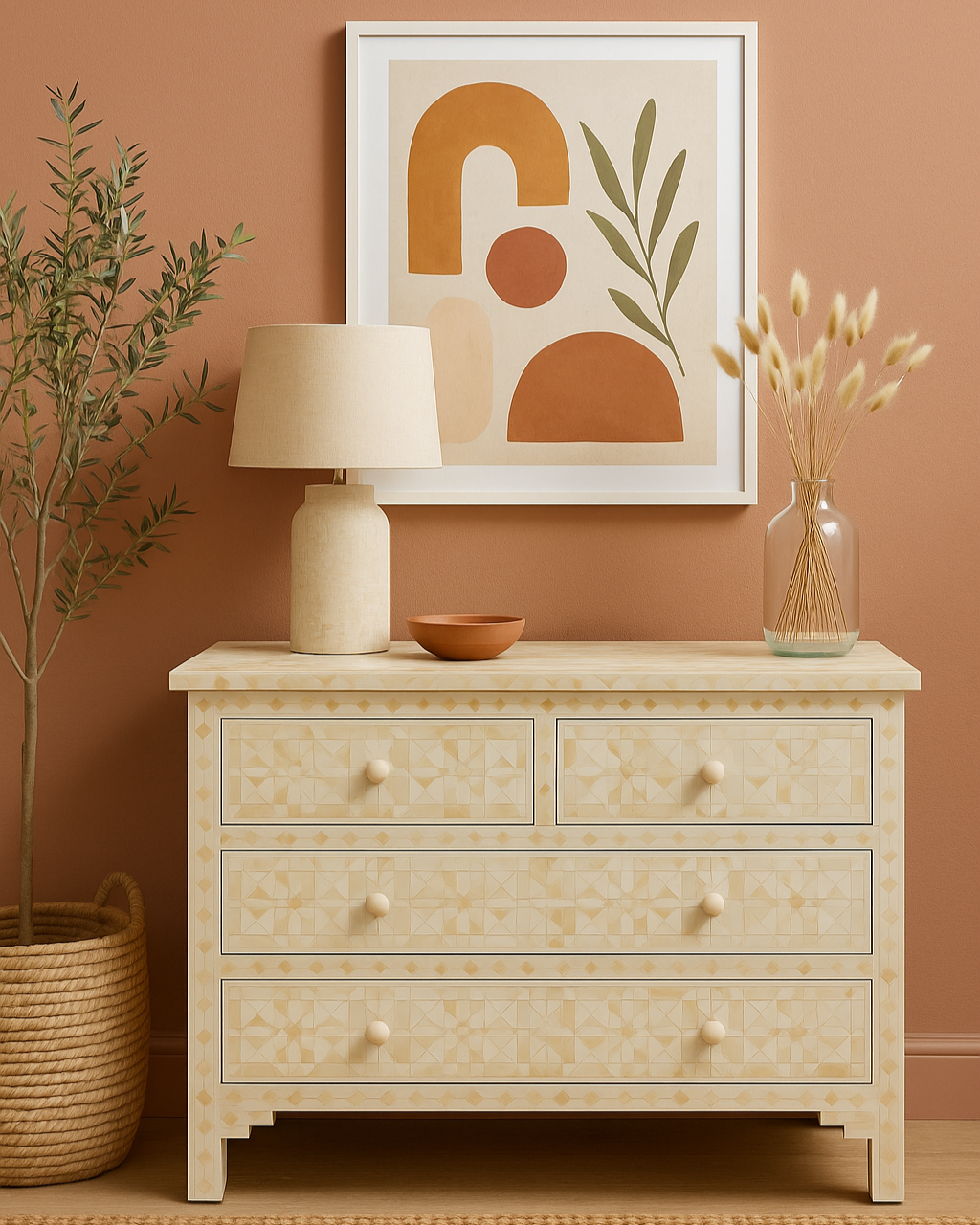 Beige dresser with lamp, bowl, and decorative items against a brown wall with abstract art.