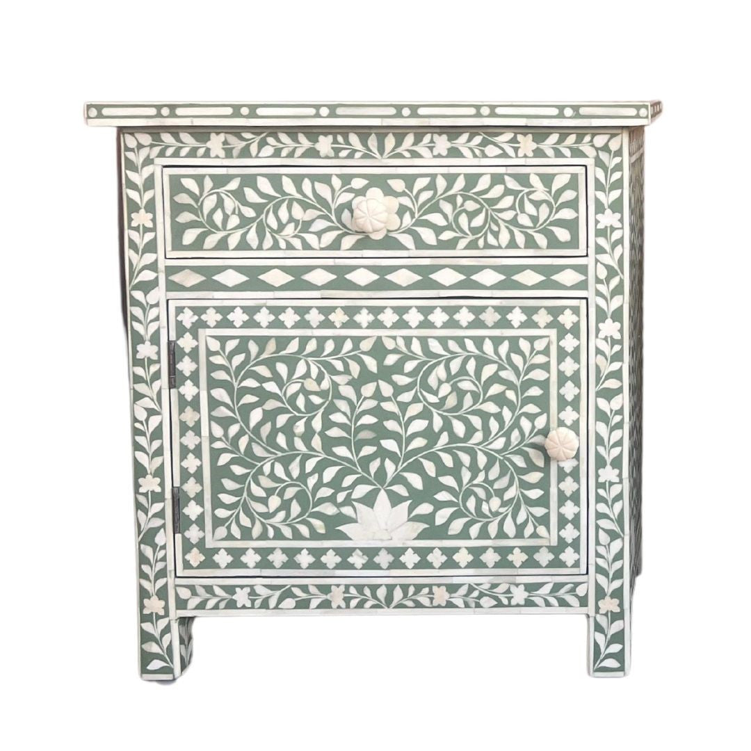 Bone Inlay Large Bedside Cabinet : Floral : Sage