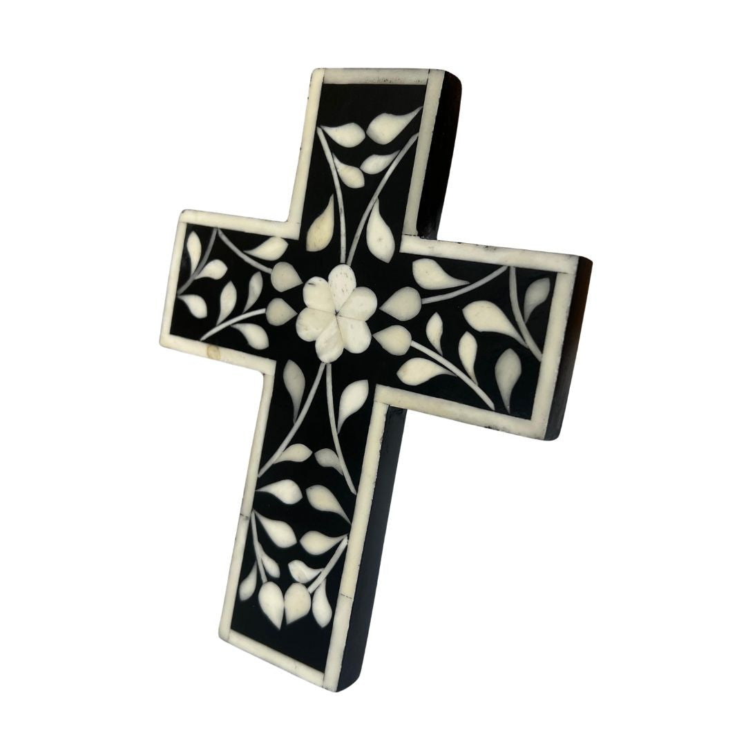 Bone Inlay Small Cross : Floral : Black