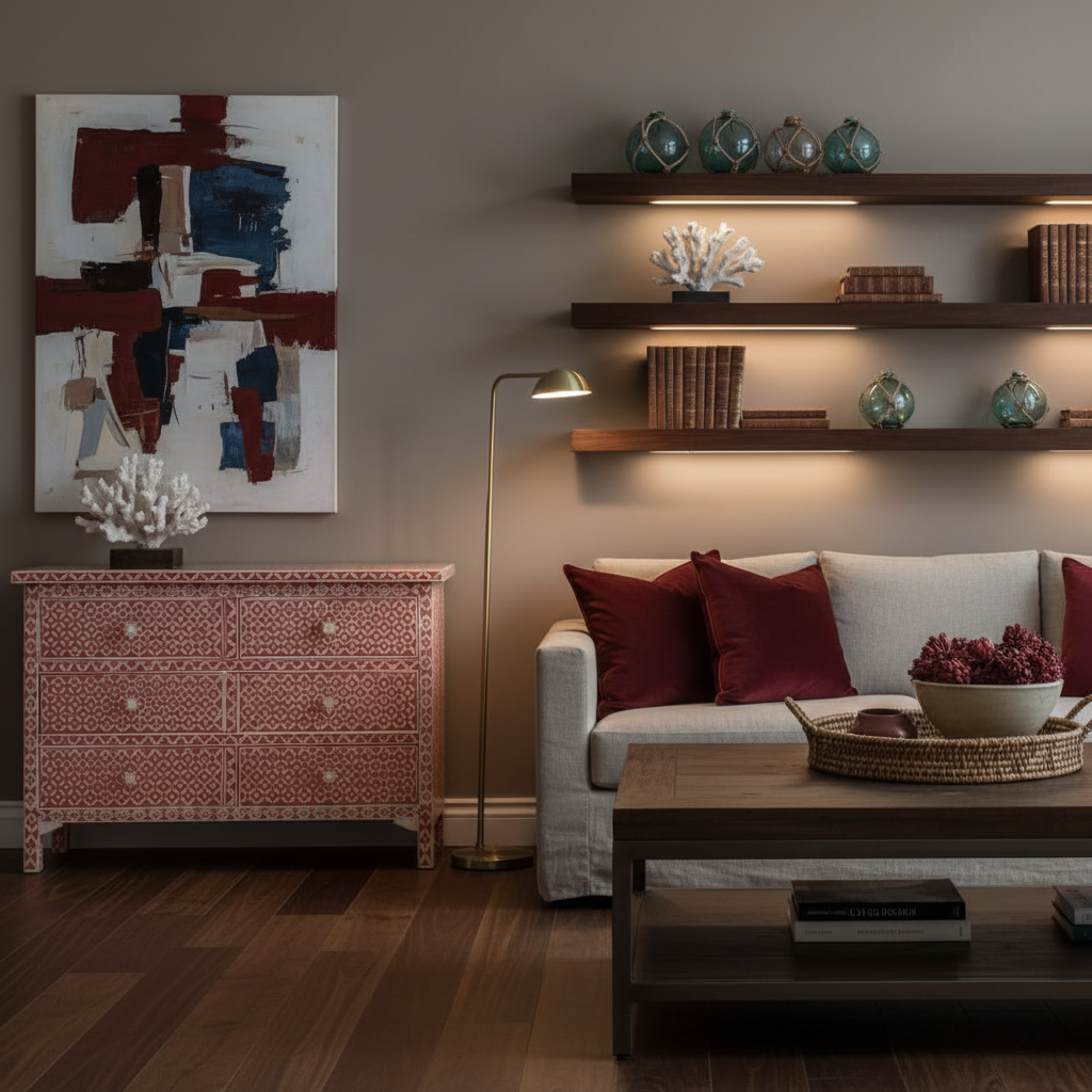 Bone Inlay 6 Drawer Chest : Starburst : Red