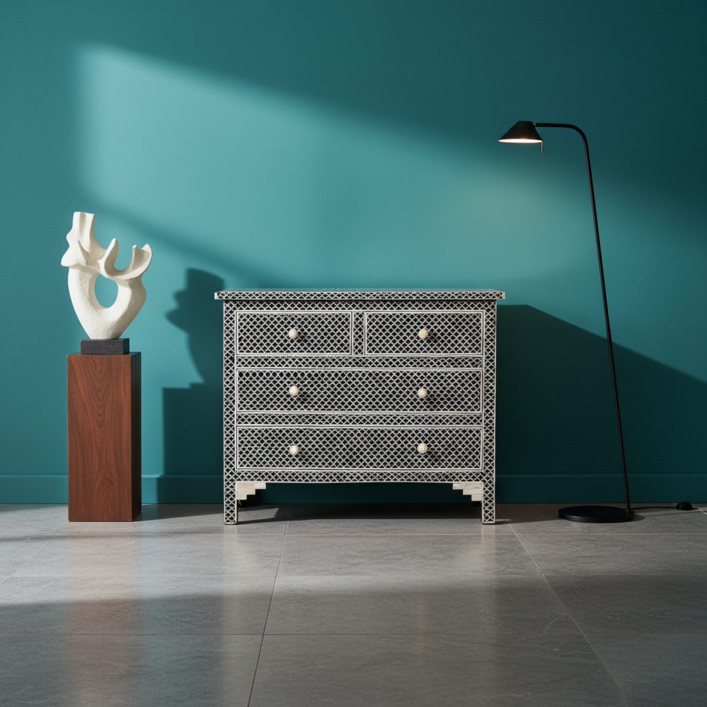 Bone Inlay 4 Drawer Chest : Scallop : Black